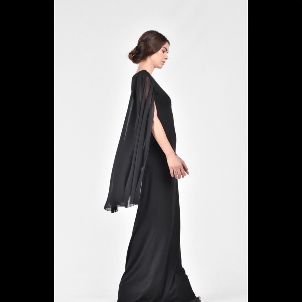 Aakasha Black Chiffon Dress with Draped Sleeves